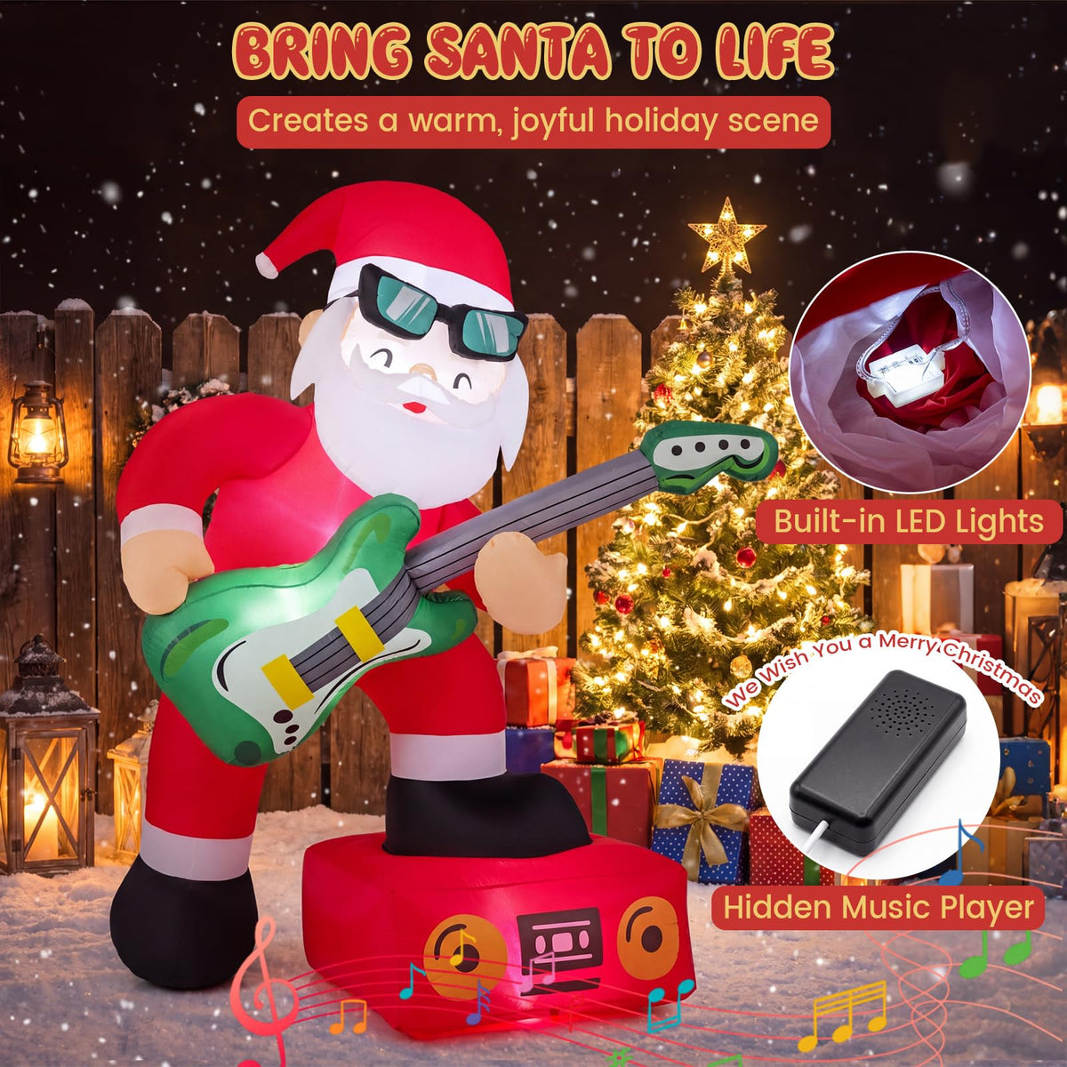 Tangkula 8 FT Christmas Inflatable Santa Claus Plays Guitar Decoration