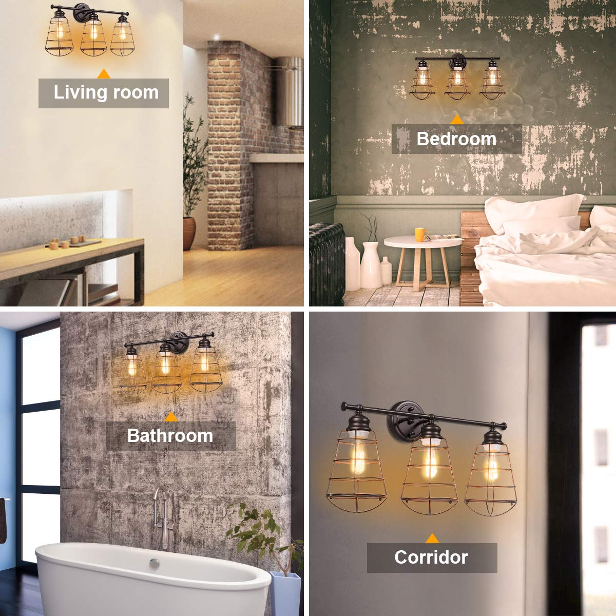Tangkula 3-Light Vintage Vanity Lights, Industrial Metal Wire Cage Wall Sconces(Black & Golden)