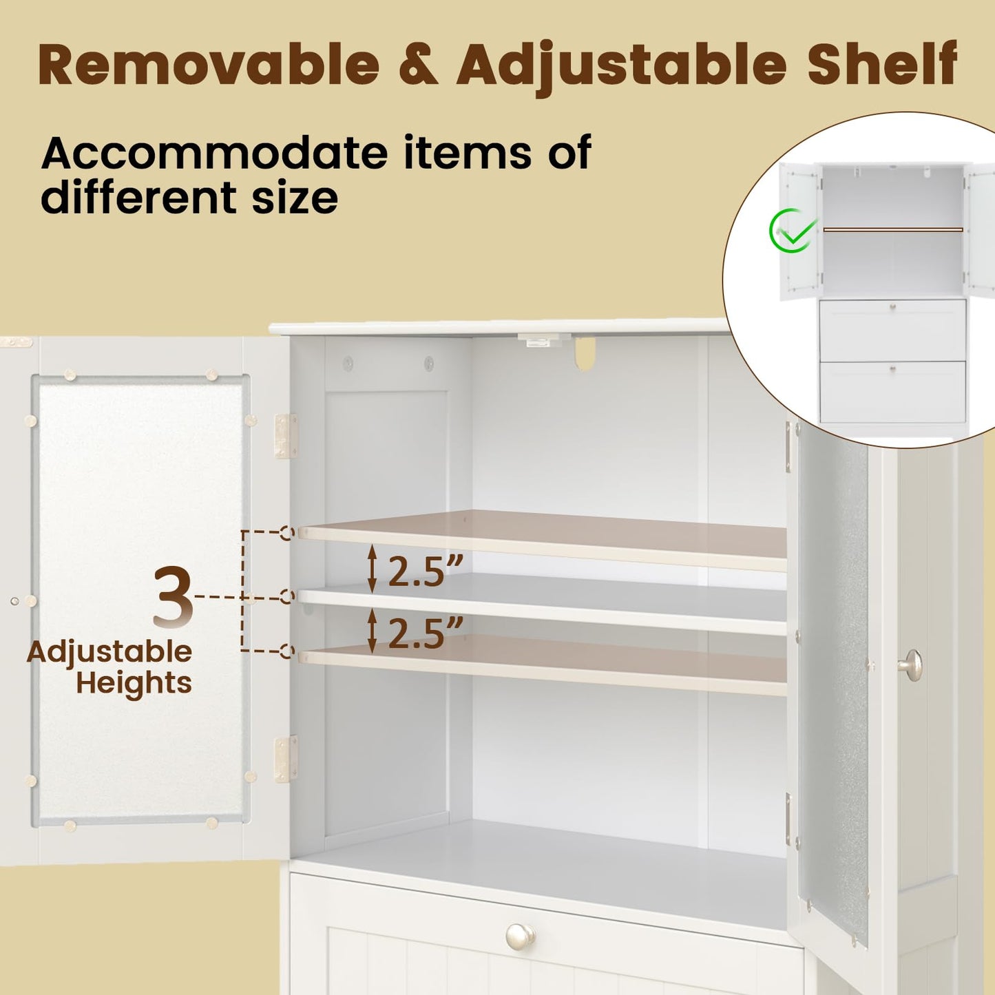 Tangkula Bathroom Floor Storage Cabinet with 2 Drawers & 2 Frosted Glass Doors