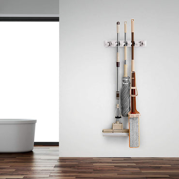Wall Mount Mop Broom Holder, Hanging Broom Organizer w/ 5 Slots & 6 Hooks
