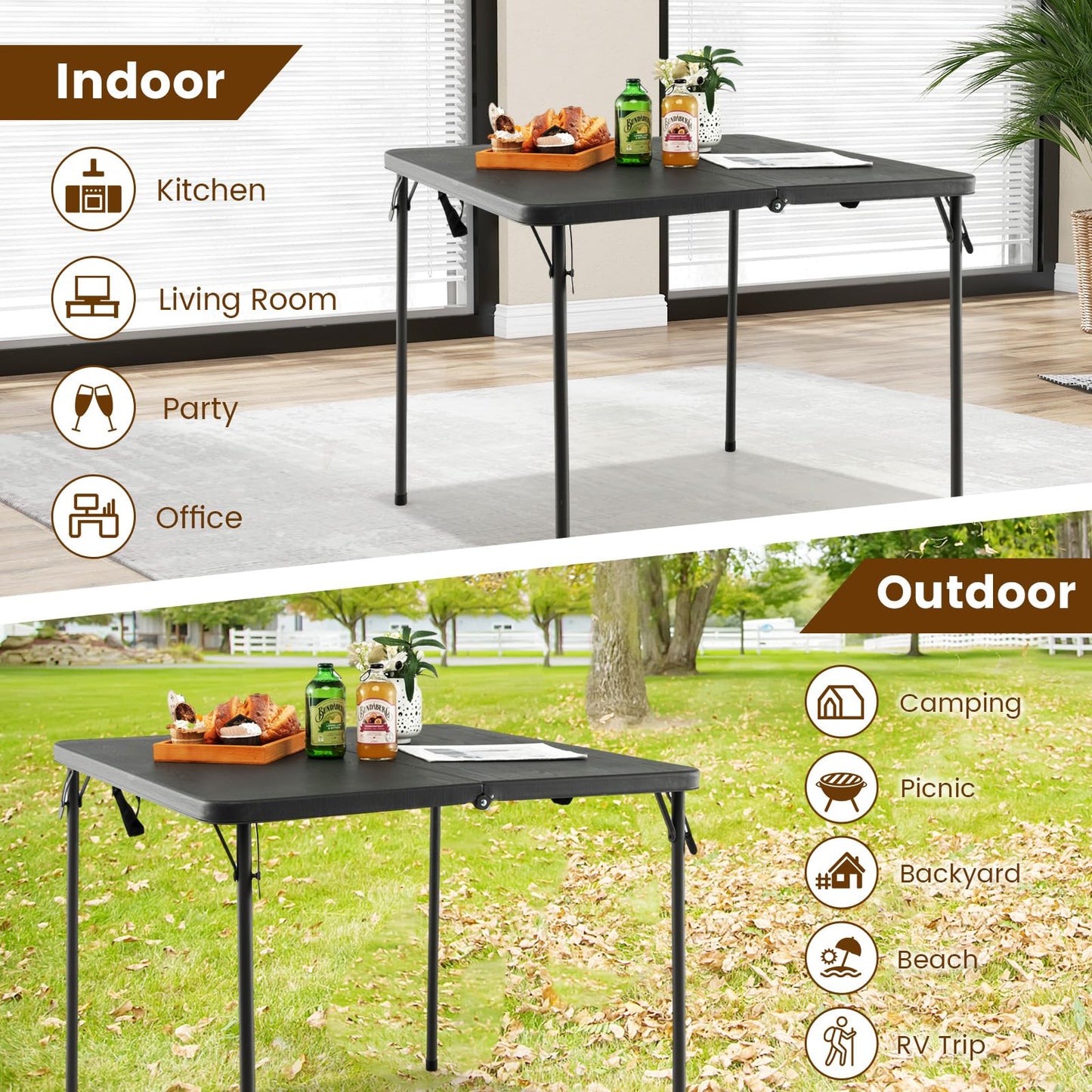 Tangkula 34" Folding Table, Portable Picnic Table with All-Weather HDPE Tabletop, Heavy-Duty Metal Frame