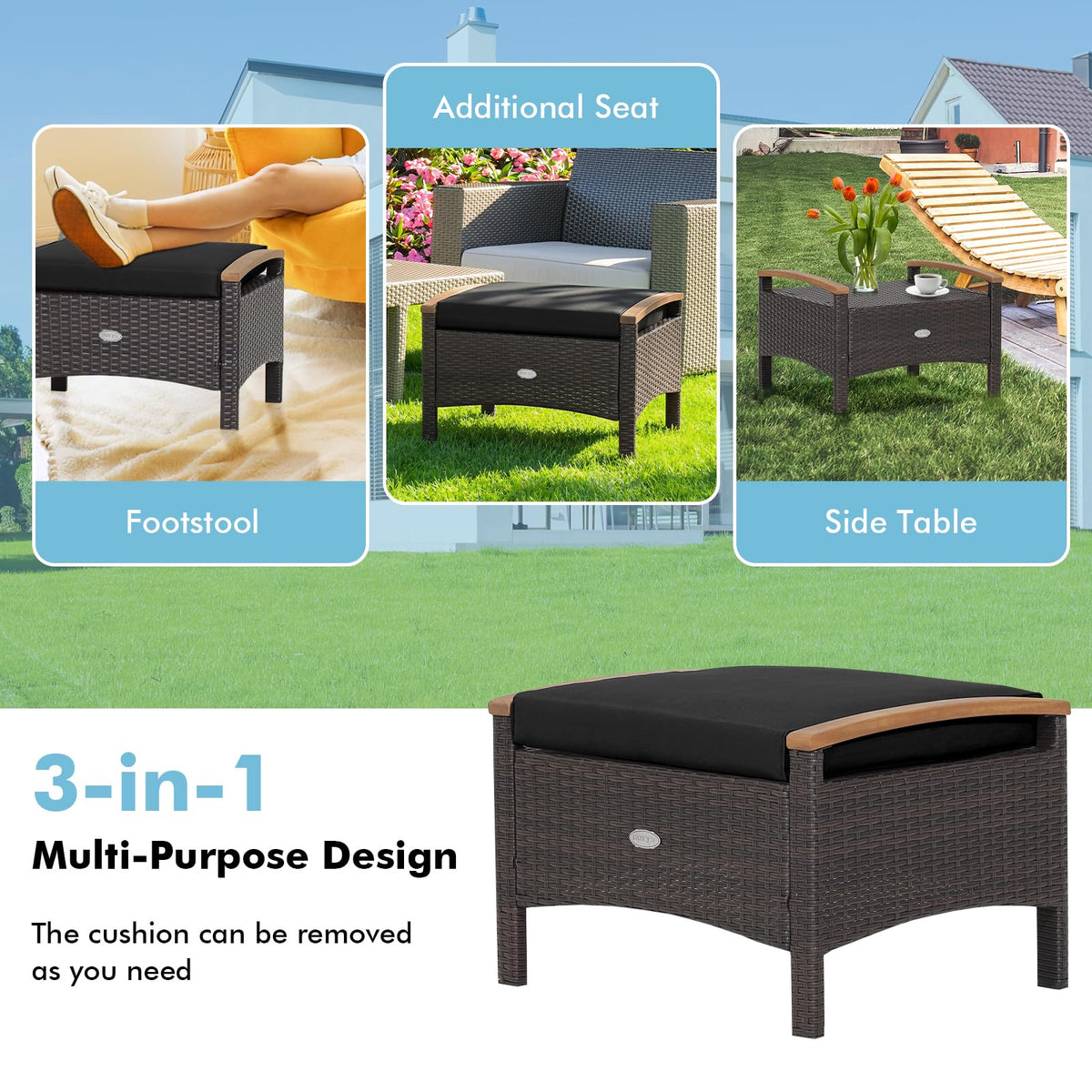 Tangkula 2 Piece Patio Rattan Ottomans, Outdoor Wicker Footstool
