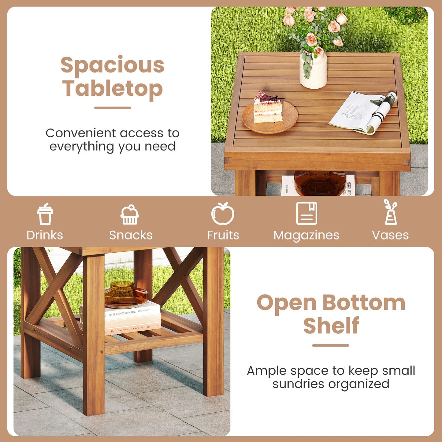 Tangkula Outdoor Side Table with Storage Shelf for Small Space