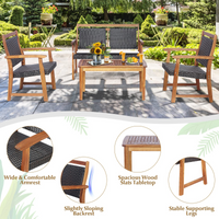 Tangkula 4 Pieces Patio Rattan Conversation Set with Acacia Wood Frame, Patiojoy Outdoor Furniture Set with Chairs & Coffee Table