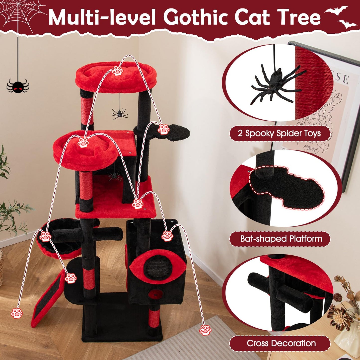 Arbre à chat gothique Tangkula avec poteaux à gratter en sisal et rampe