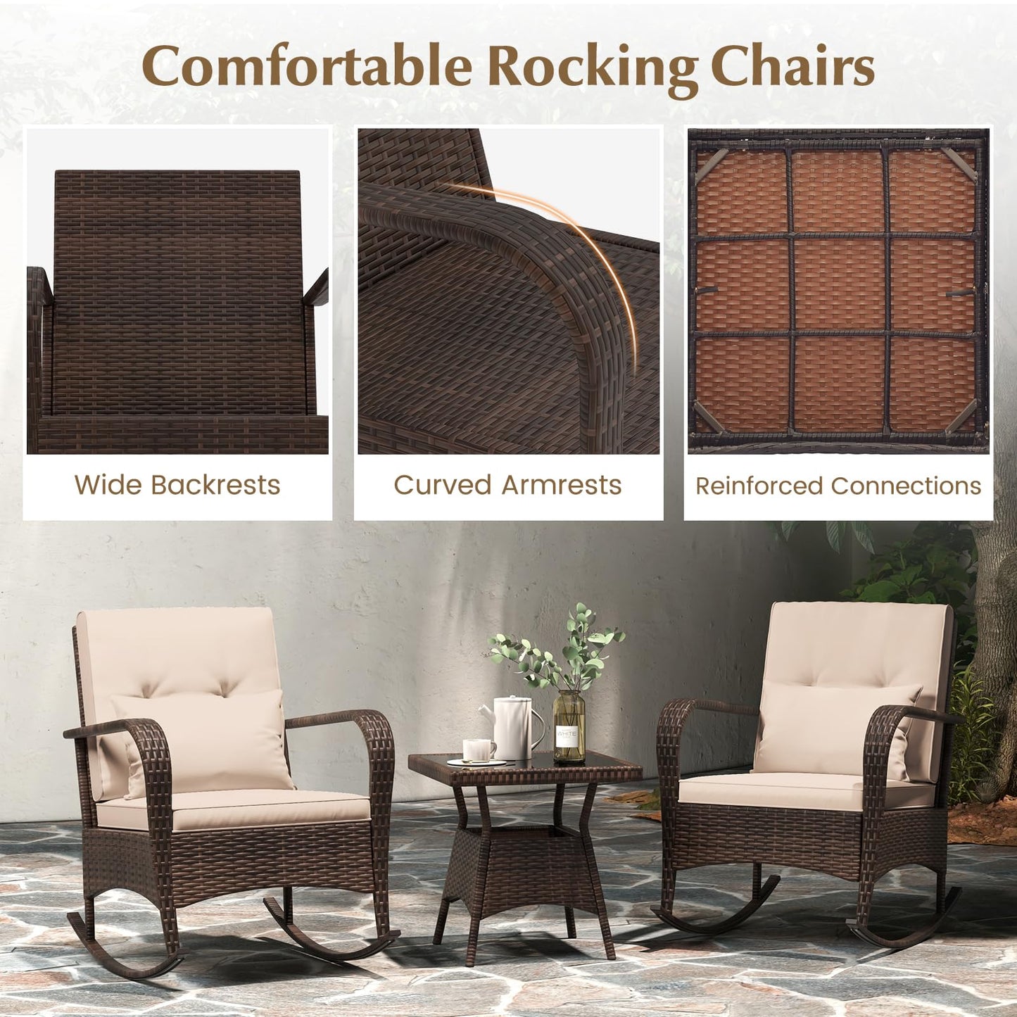 Tangkula 3 Pieces Rocking Bistro Set, Patiojoy Outdoor PE Rattan Rocker Chairs with Removable Cushions & Tempered Glass Top Coffee Table