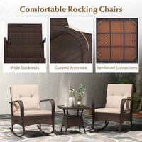 Tangkula 3 Pieces Rocking Bistro Set, Patiojoy Outdoor PE Rattan Rocker Chairs with Removable Cushions & Tempered Glass Top Coffee Table