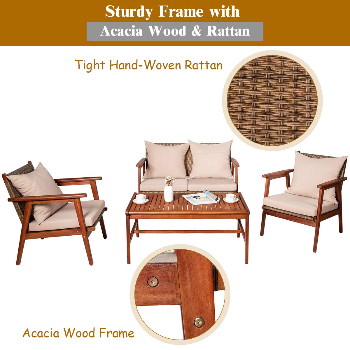 4/8PCS Patio Wood Sofa Set, Outdoor Acacia Wood Seating Chat Set with Cushions & Coffee Table