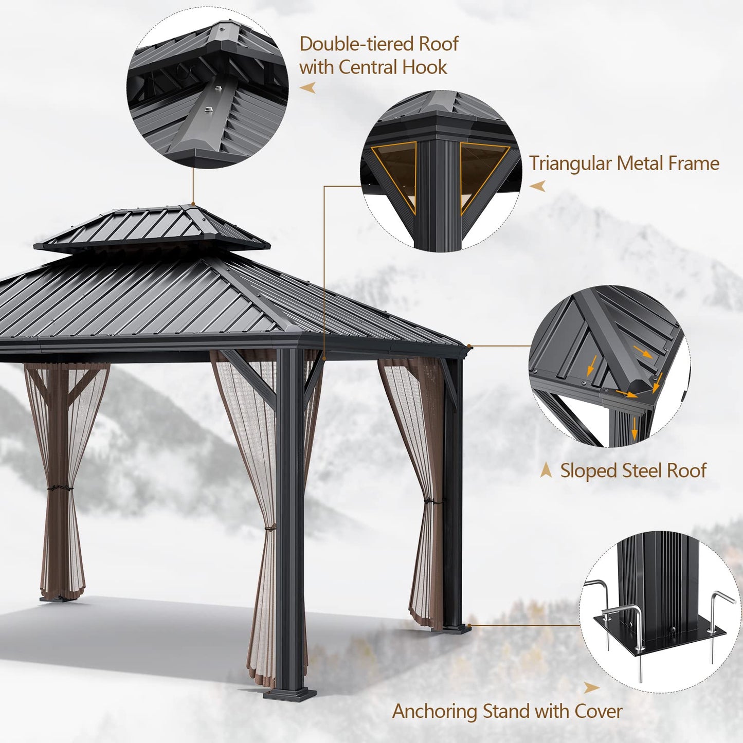 Tangkula 2-Tier Outdoor Gazebo w/Double Vented Roof & Central Hook