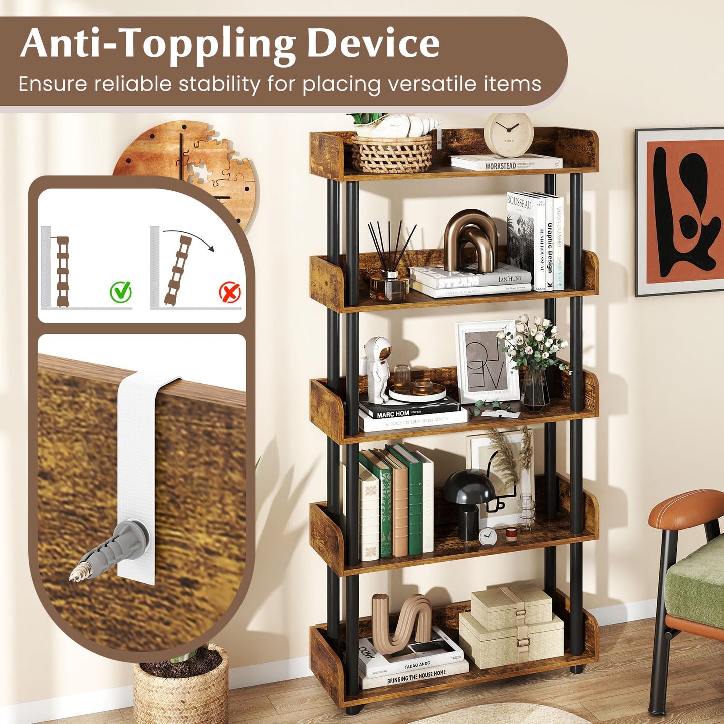 Tangkula 5-Tier Bookshelf Multipurpose Wood Standing Display Rack(1/2)