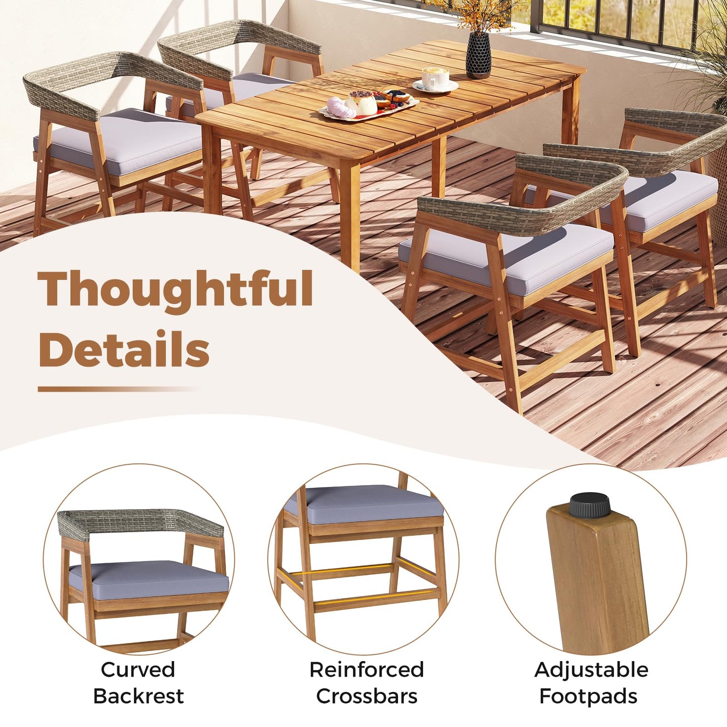 Tangkula Outdoor Acacia Wood Patio Wicker Dining Chairs Set of 4 with Seat Cushion