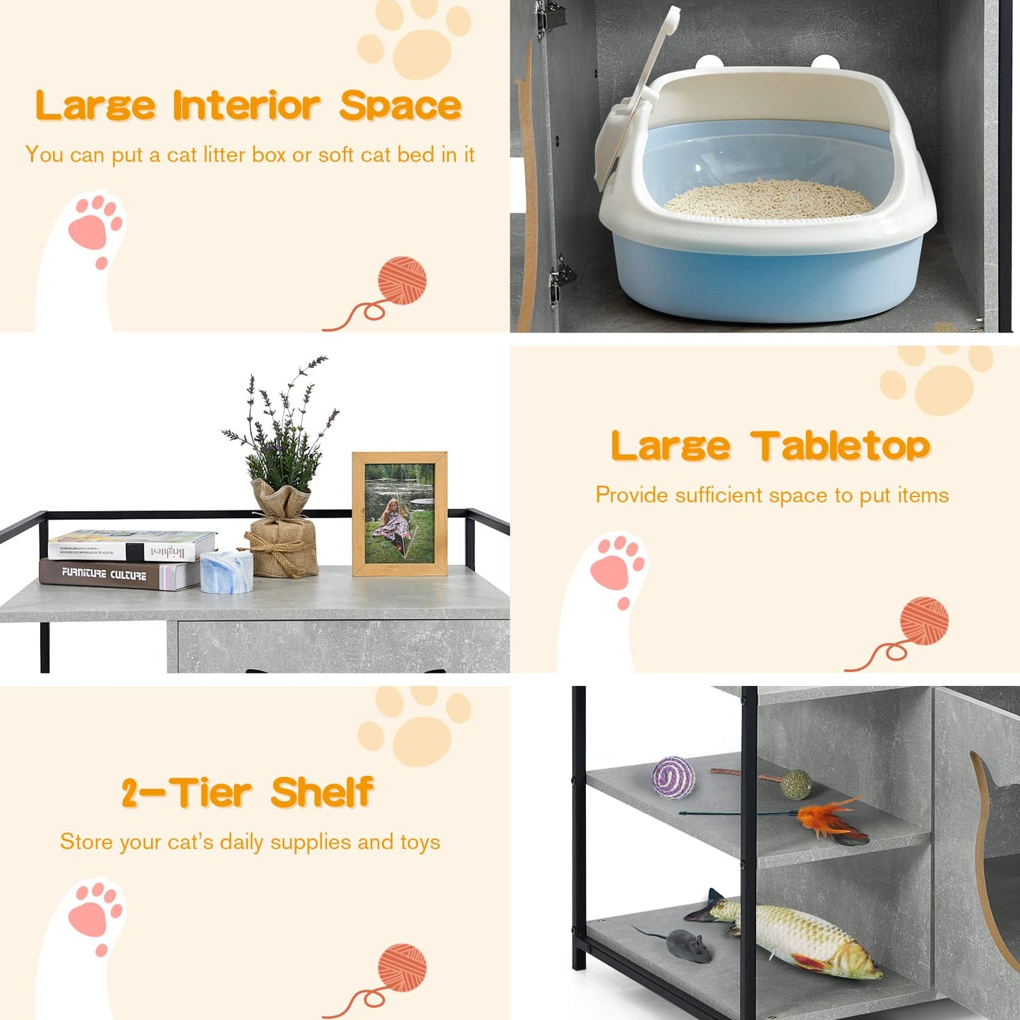 Tangkula Cat Litter Box Enclosure 2 in 1 Hidden Washroom & Nightstand With 2 Tier Storage Shelf
