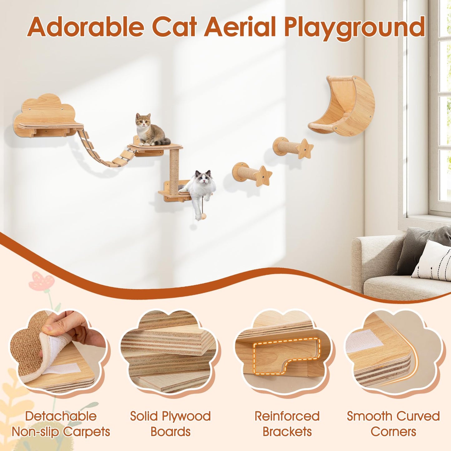 Tangkula Cat Wall Shelves | 6 Pieces Wooden Wall Mounted Kitten Furniture Set with Hammock