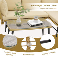 Tangkula Outdoor Wicker Furniture Set, 3-Piece L-Shaped Patio Sofa with Cushions & Tempered Glass Table