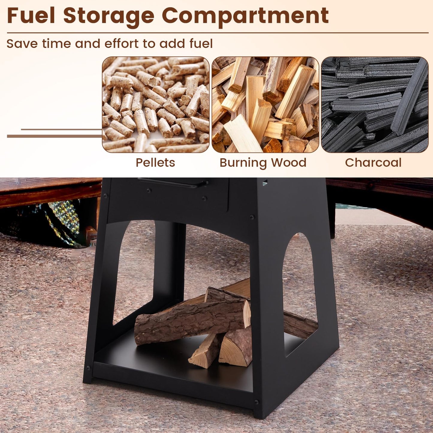 Tangkula Outdoor Fire Pit with Storage, Patio Wood Burning Fireplace with Grill & Ash Box, Spacious Bottom Storage Compartment