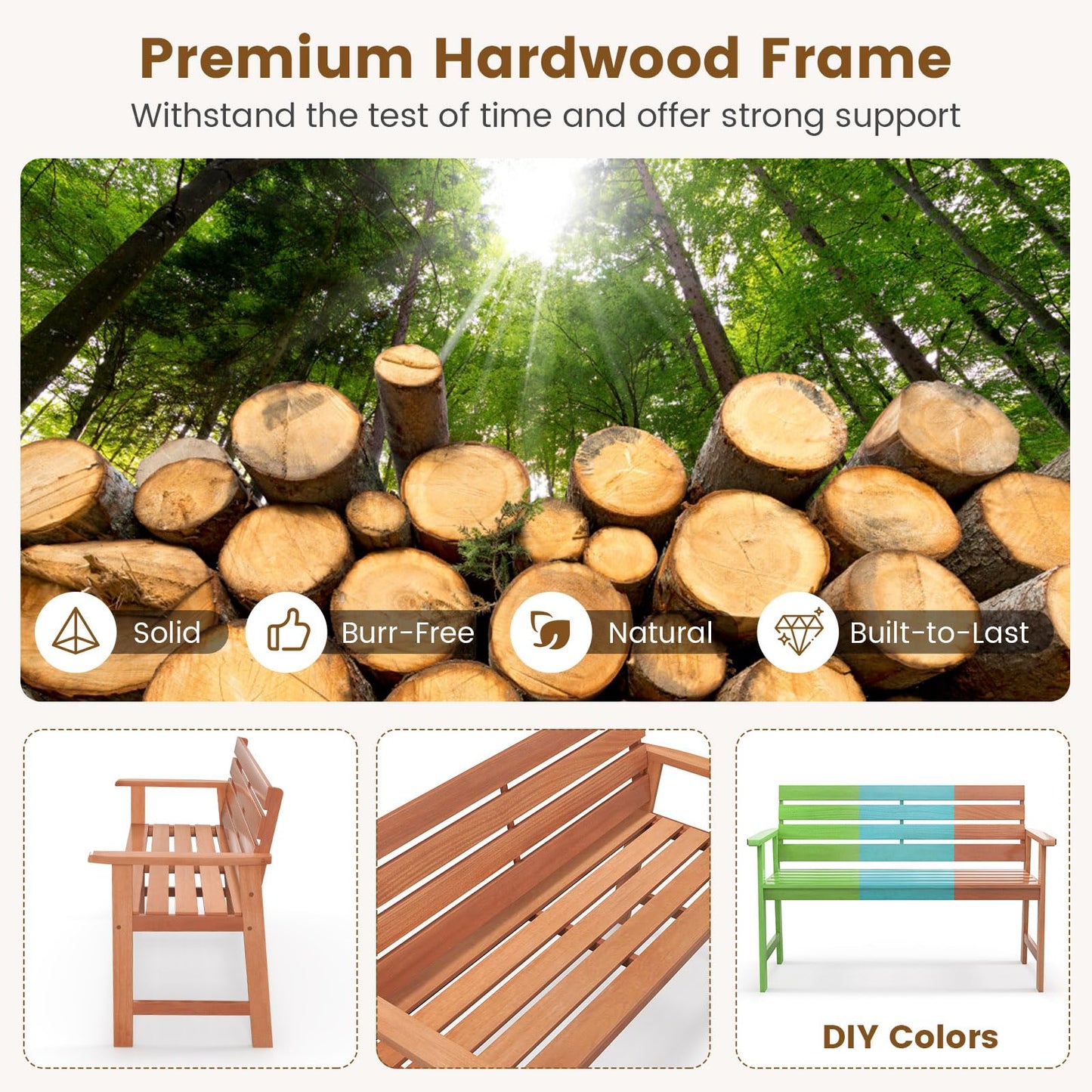 Tangkula 48 Inch Hardwood Patio Bench, Wood 2-Seat Chair with Breathable Slatted Seat & Inclined Backrest