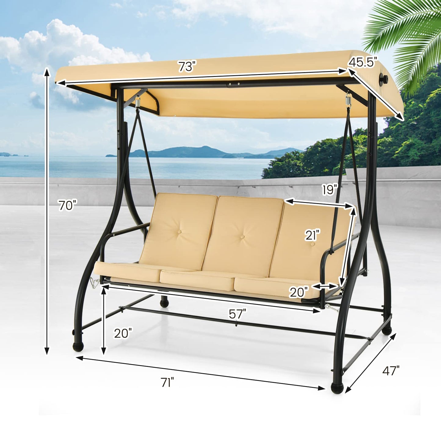 Tangkula 3 Seats Converting Patio Swing, Outdoor Porch Garden Canopy Swing with Comfortable Cushion Seats