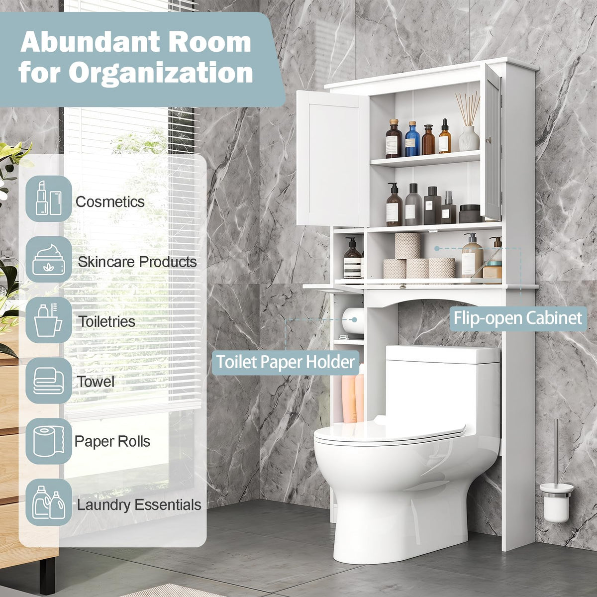 Tangkula Over the Toilet Storage Cabinet with Toilet Paper Holder(White)