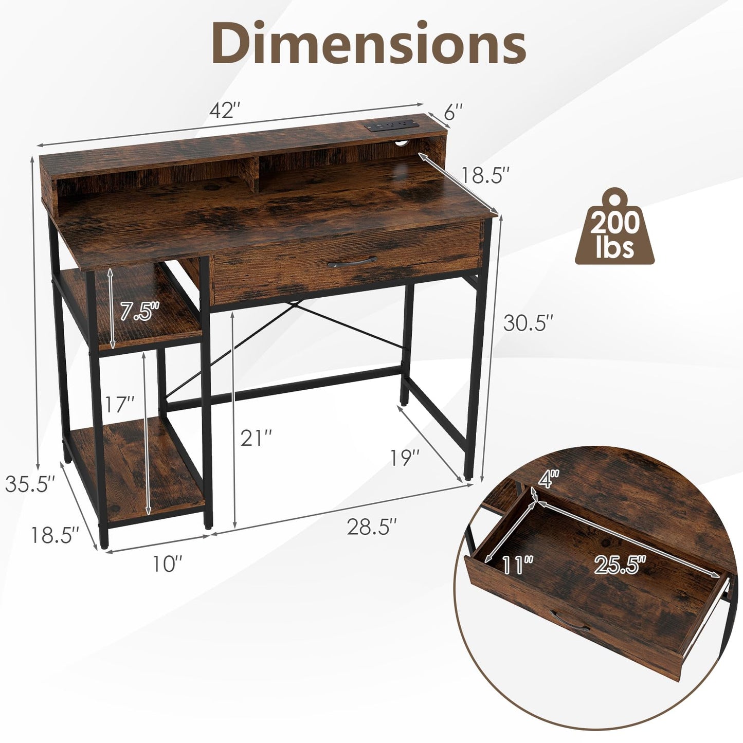 Tangkula Petit bureau d'ordinateur 42" avec prises de courant, étagère supérieure, tiroir et 2 étagères ouvertes