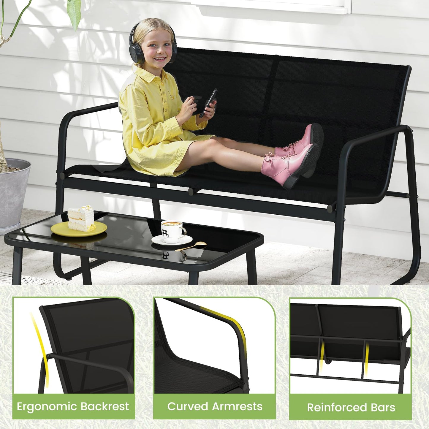 Tangkula Outdoor Rocking Bistro Set with Rocking Chairs Loveseat & Glass Coffee Table