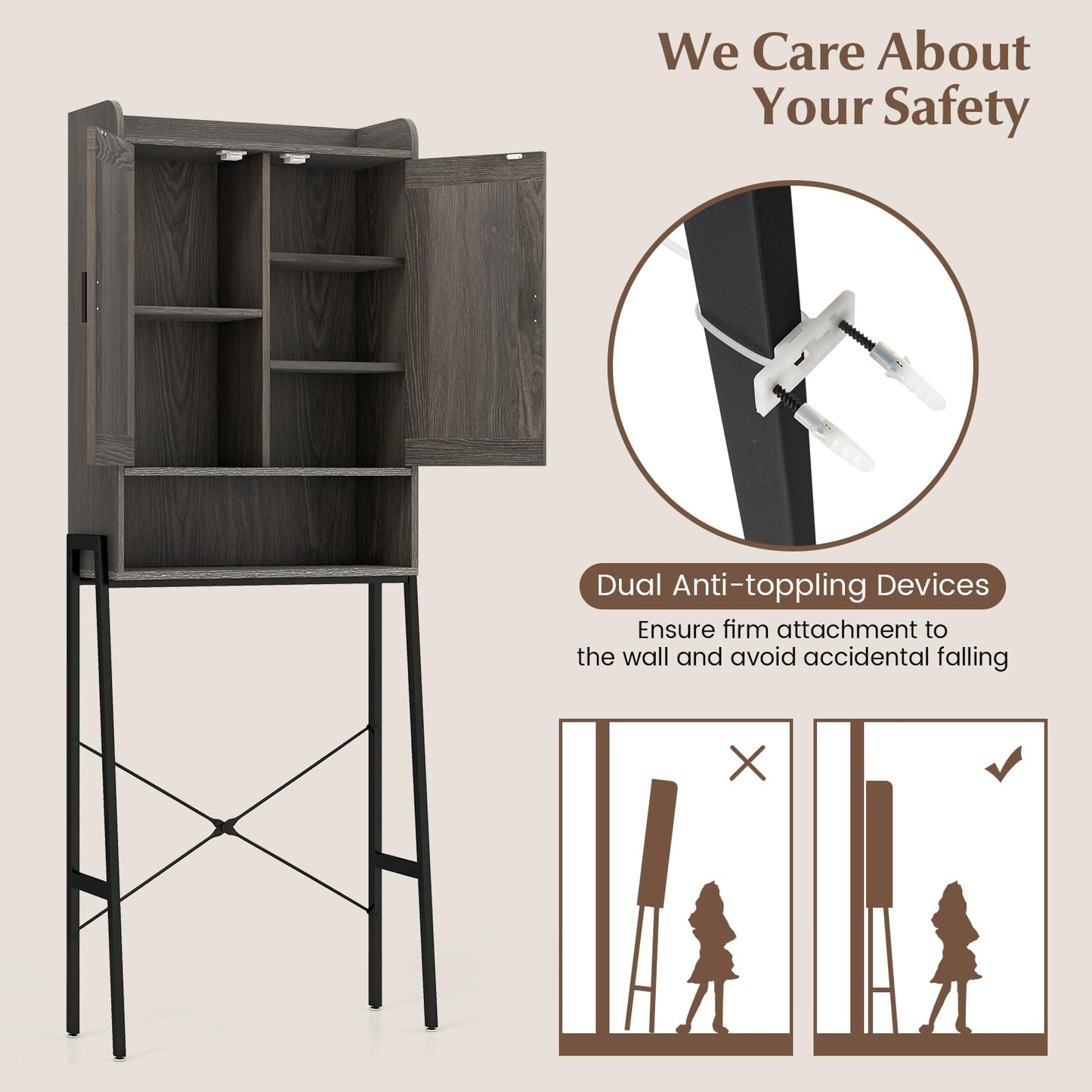 Tangkula Over The Toilet Storage Cabinet, Bathroom Space Saver Organizer Above Toilet with Double Doors & Metal Frame