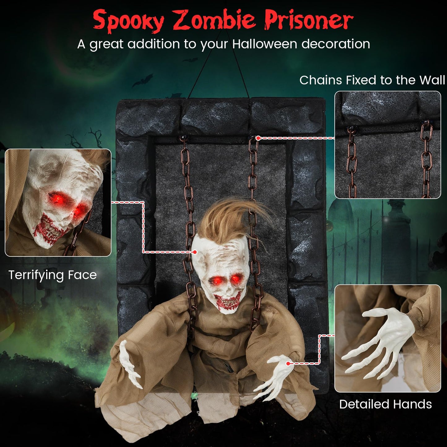 Tangkula Halloween Hanging Animated Zombie Prisoner Decoration Sound-Activated