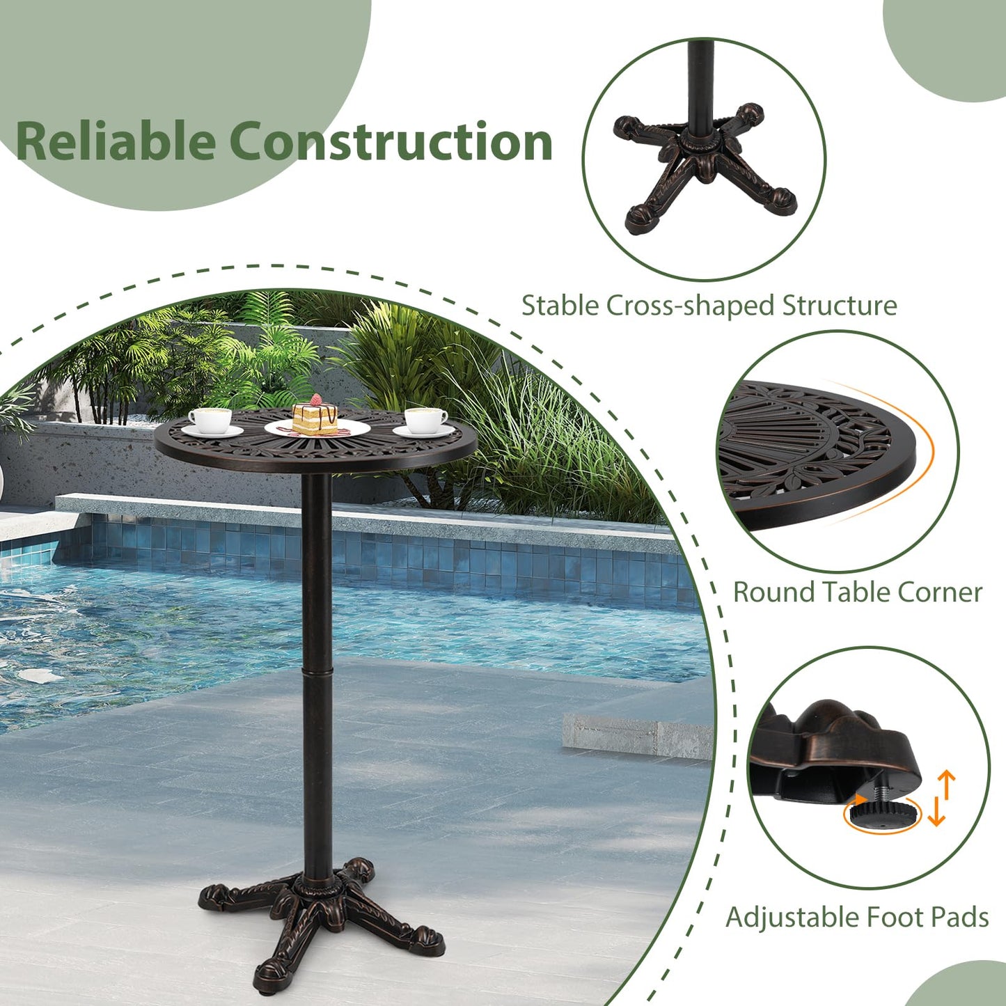 Tangkula 3 Piece Patio Bar Set, Outdoor Cast Aluminum Round High Top Table & 2 Counter Height Bar Stools
