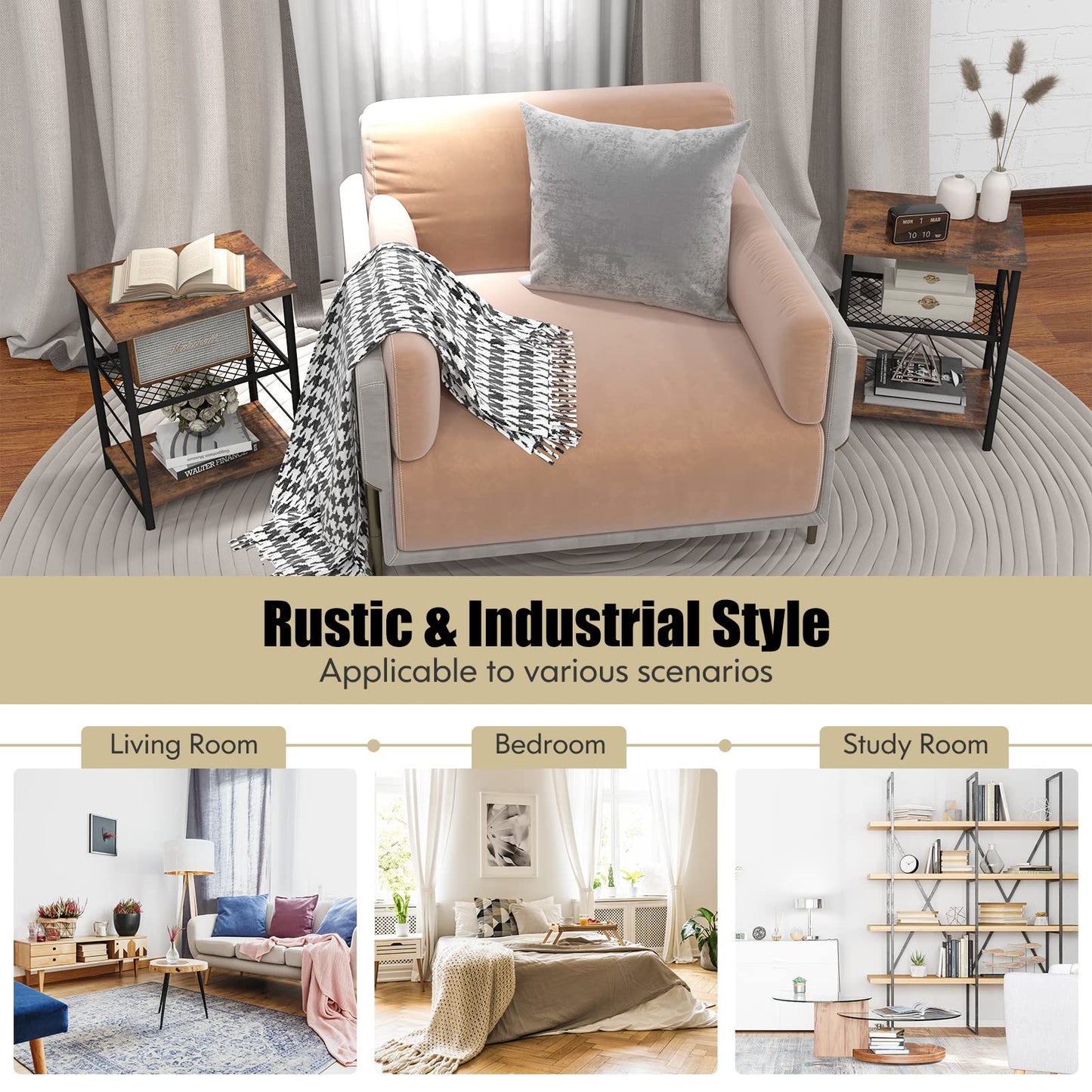 Tangkula Industrial End Table 3-Tier Side Table with Height Adjustable Metal Mesh Shelf