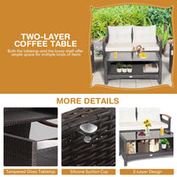 4 Piece Patio Rattan Conversation Set, Outdoor Wicker Sofa Set W/2-Layer Coffee Table