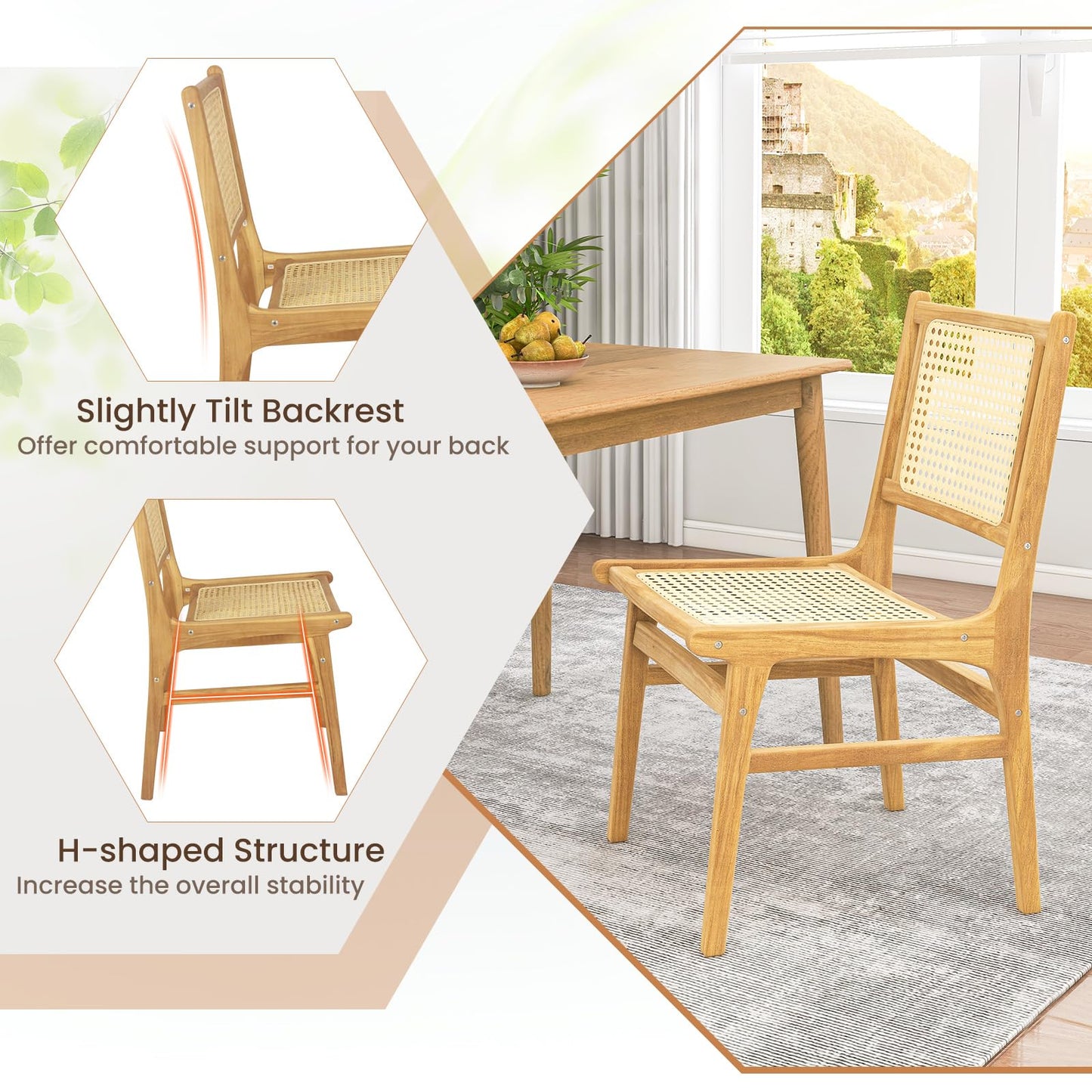 Tangkula Rattan Dining Chair, Farmhouse Kitchen Side Chairs w/Natural Cane Woven Backrest & Seat & Teak Wood Frame