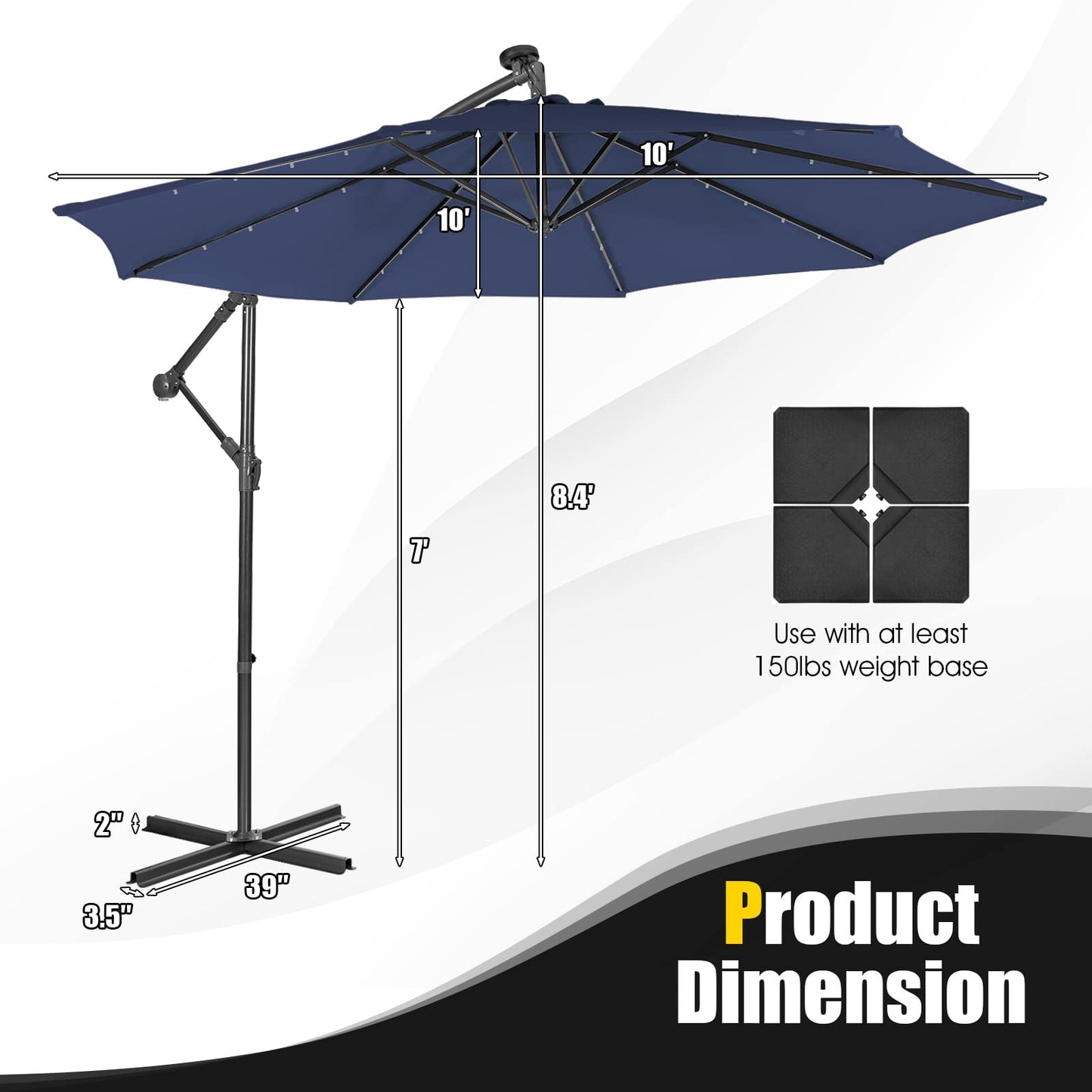 Tangkula 10 ft Cantilever Umbrella w/32 Solar-Powered LED Lights, Functional Tilting System & Hand-Crank Mechanism