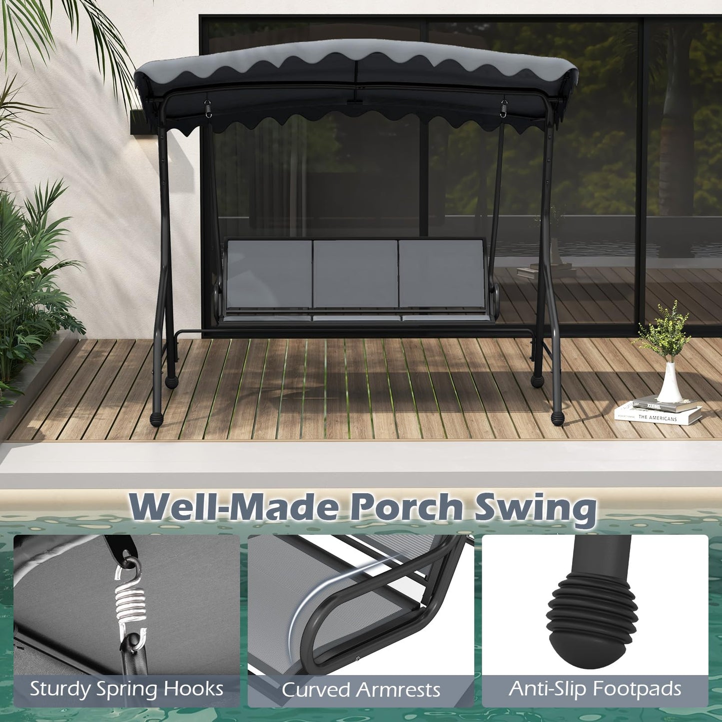 Tangkula 3 Person Porch Swing, Patio Swing with Adjustable Canopy, Heavy-Duty Metal Frame & Breathable Seat