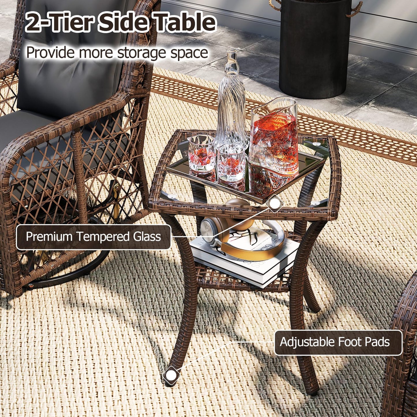 Tangkula 3 Piece Patio Swivel Rocker Set with Tempered Glass Side Table
