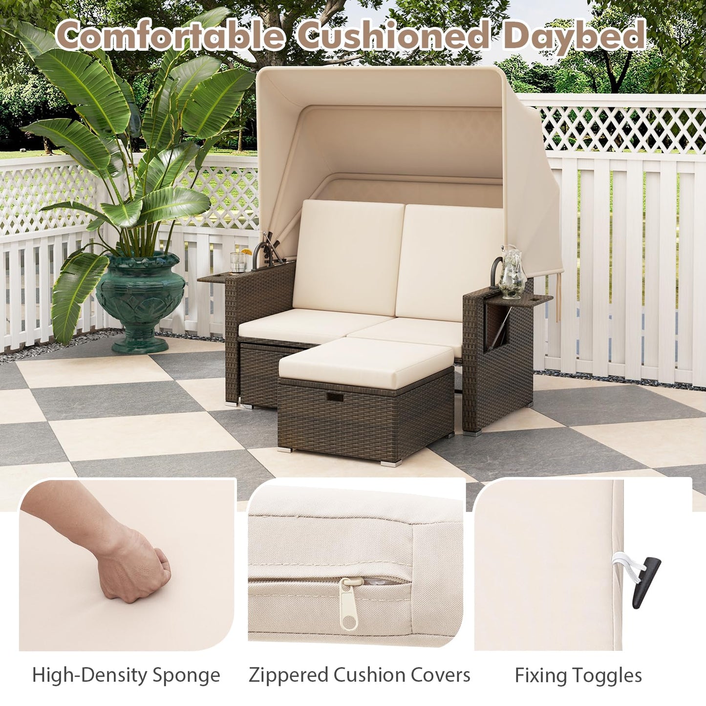 Tangkula Outdoor Patio Rattan Daybed w/Retractable Canopy & Adjustable Backrests