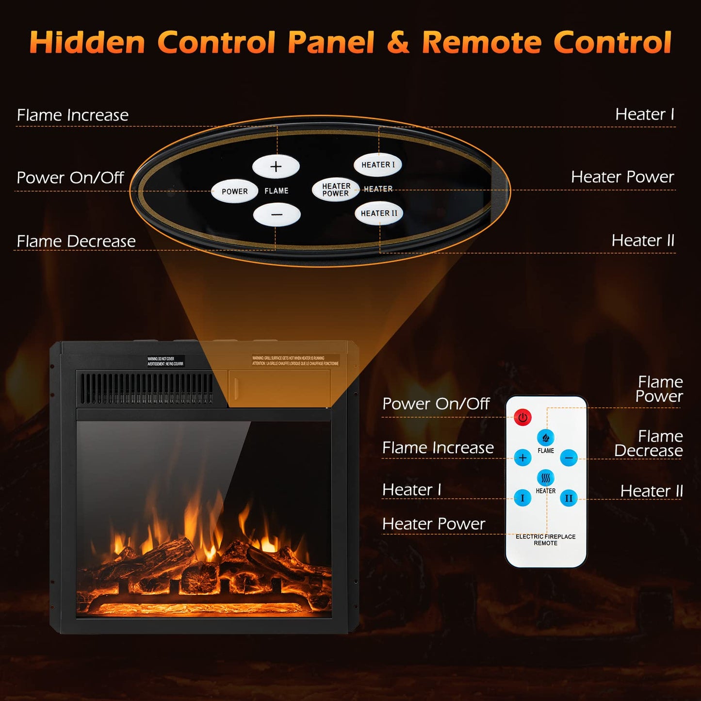 18 Inch Electric Fireplace, 5100 BTU Freestanding Electric Fireplace Heater - Tangkula