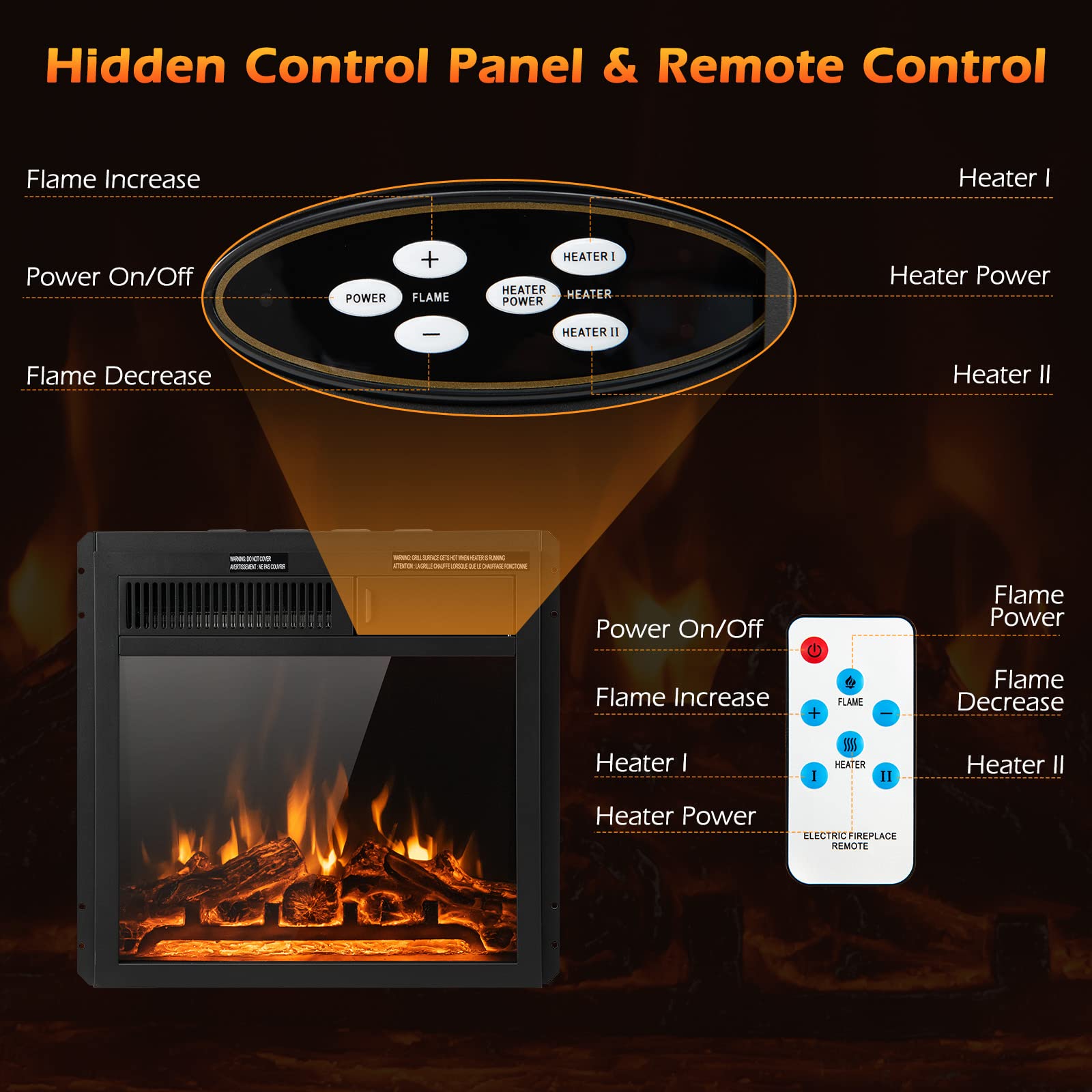 18 Inch Electric Fireplace, 5100 BTU Freestanding Electric Fireplace Heater - Tangkula