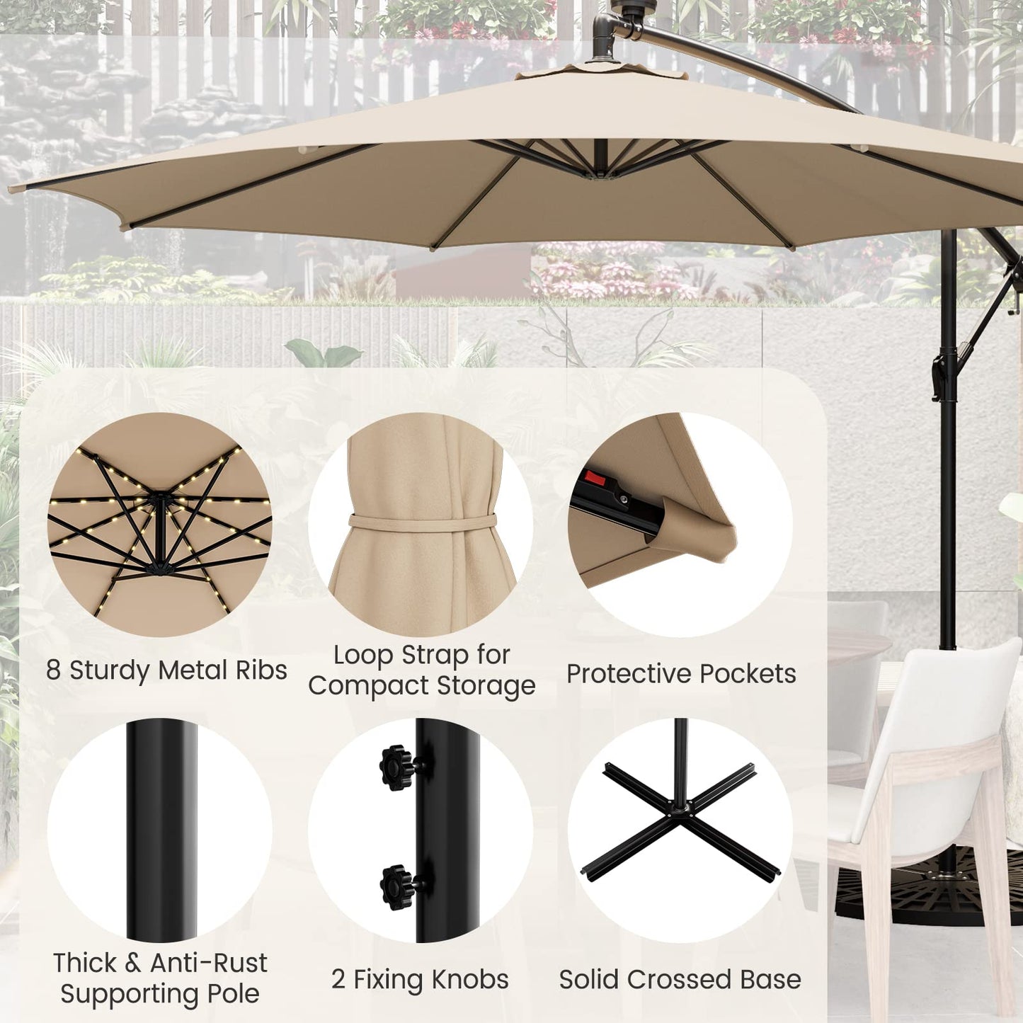 TANGKULA 10FT Solar Offset Umbrella, Tilted Cantilever Hanging Umbrella with 112 LED Lights