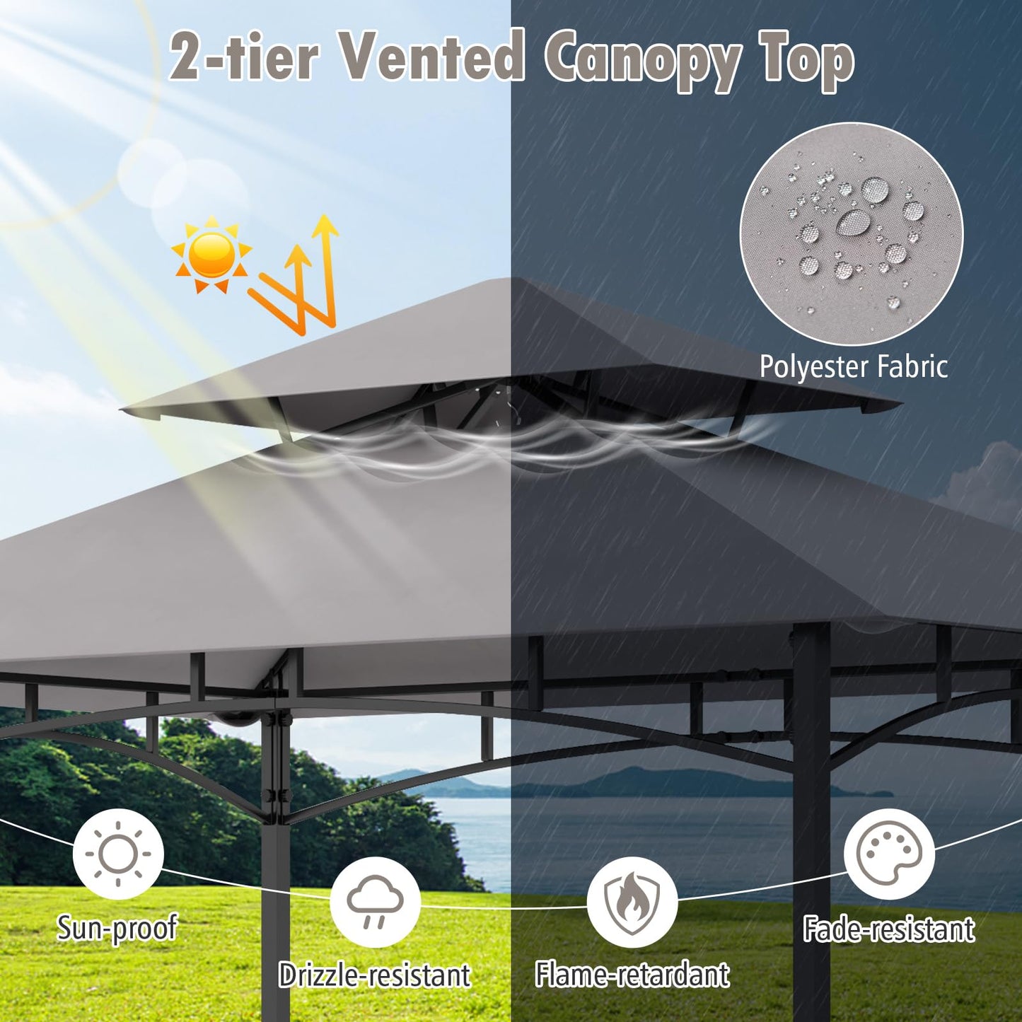 Tangkula 8x5 Ft Grill Gazebo, 2-Tier Barbecue Gazebo with 2 Shelves, 10 Hanging Hooks, Bottle Opener & Storage Basket