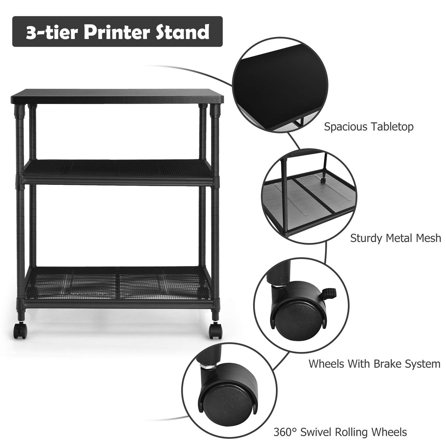 Tangkula 3-Tier Printer Stand Printer Cart, Multifunctional Utility Cart w/ Ample Storage Space