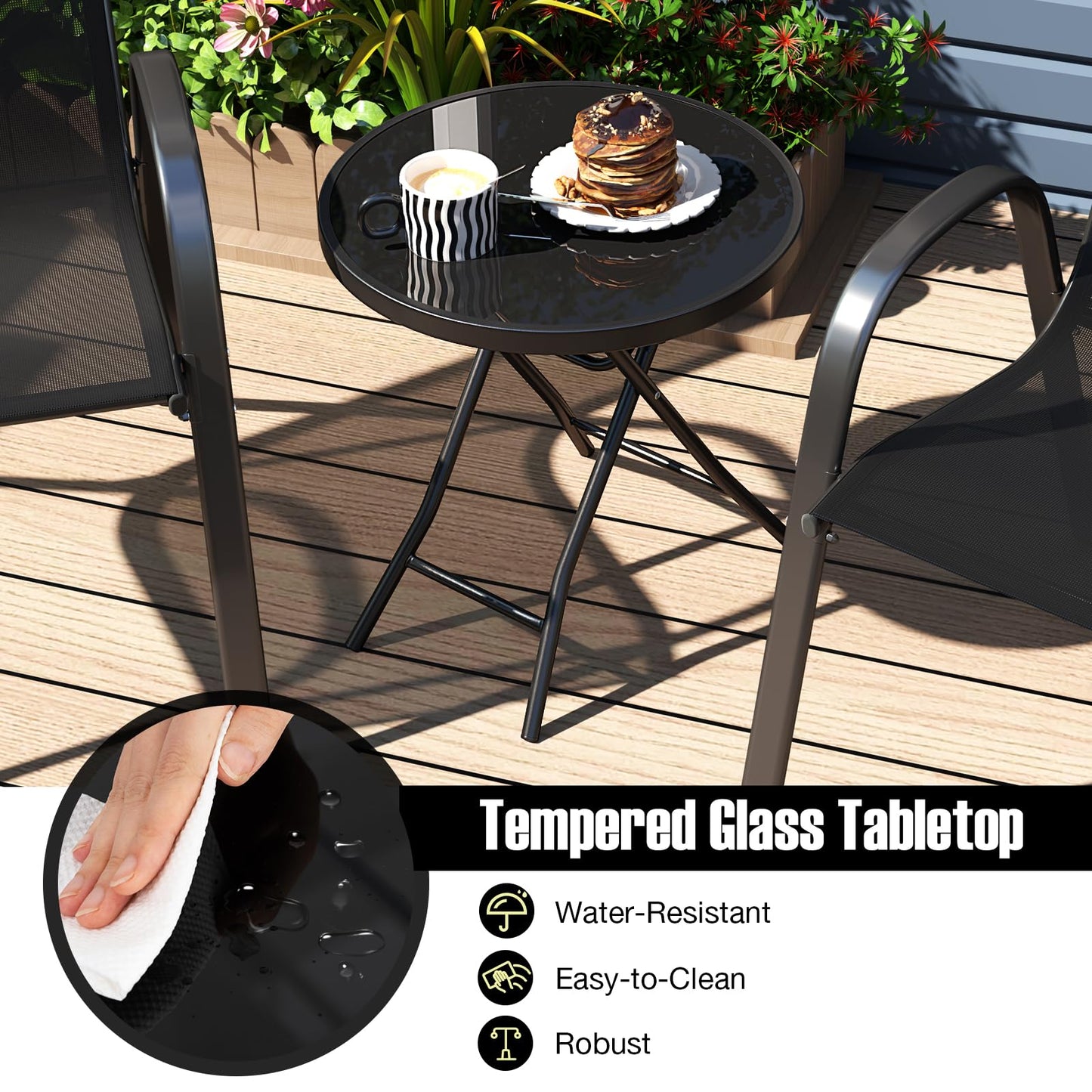 Table d'appoint pliante ronde Tangkula avec plateau en verre trempé et cadre en métal