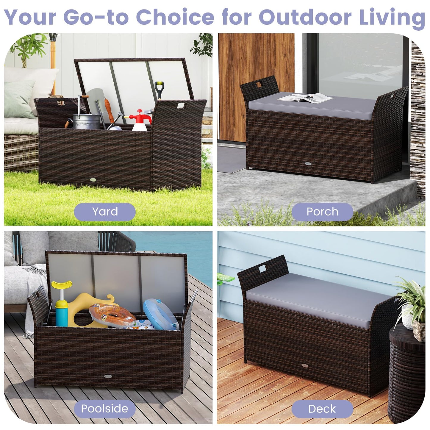 Tangkula Storage Bench Outdoor Bench with Hand-Woven PE Rattan Wicker