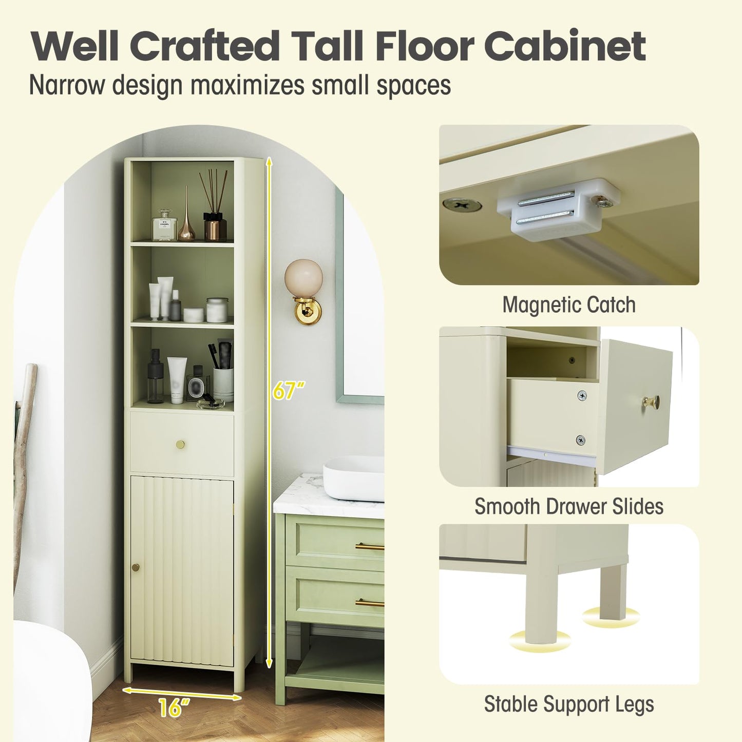 Tangkula 67" Tall Bathroom Cabinet Narrow Floor Cabinet