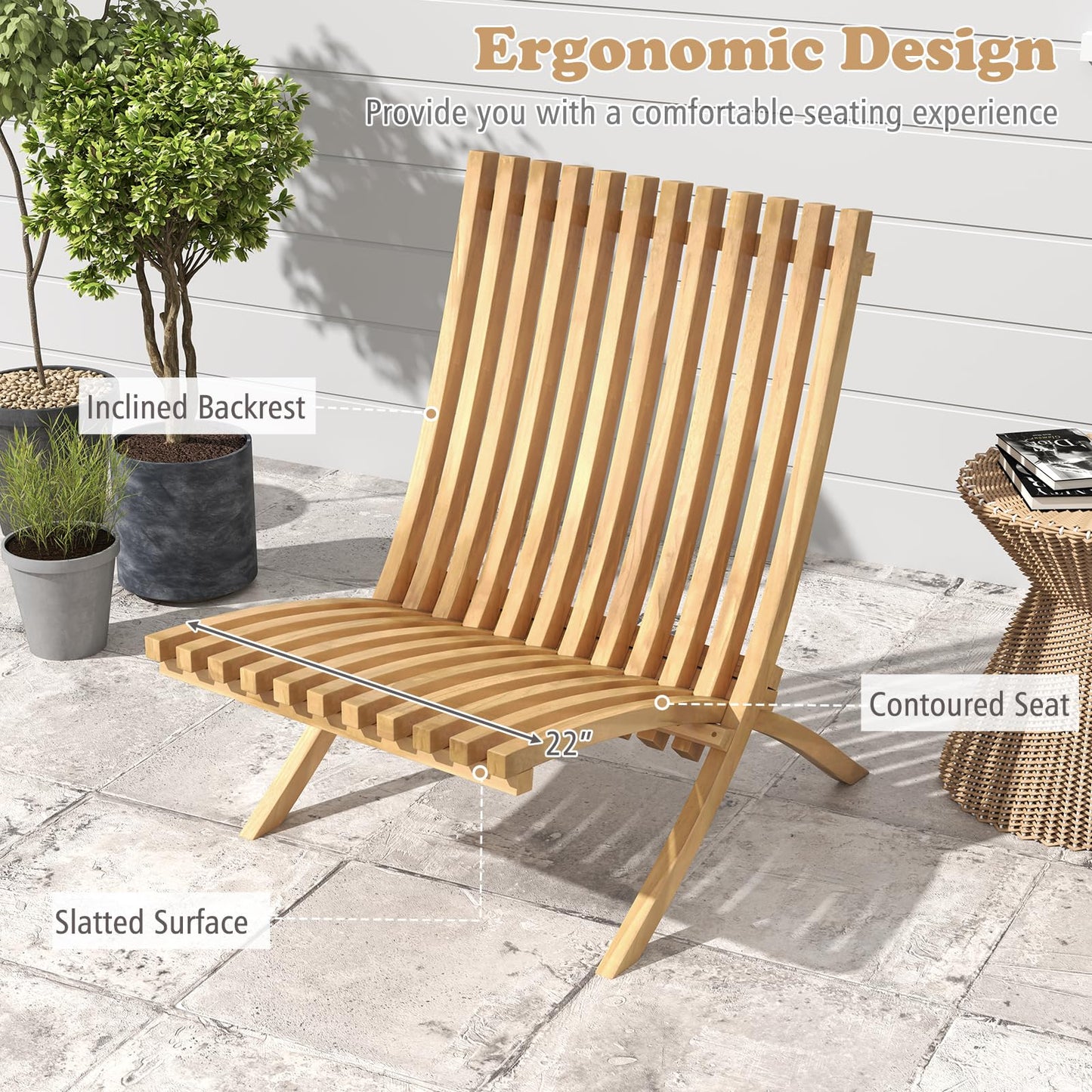 Tangkula Folding Patio Chair Teak Wood Outdoor Lounge Chair