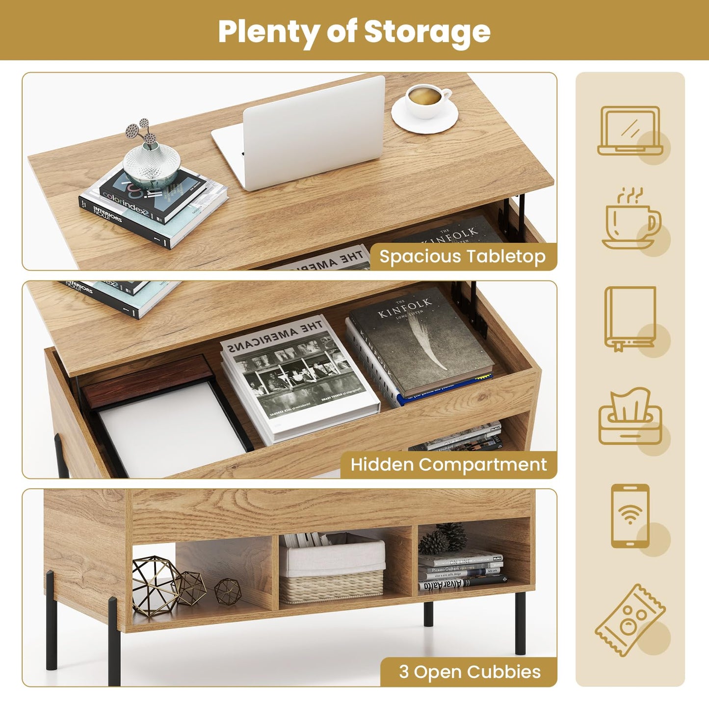 Tangkula Lift Top Coffee Table with Metal Legs, Rising Center Table w/Hidden Compartment & 3 Open Cubbies