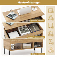 Tangkula Lift Top Coffee Table with Metal Legs, Rising Center Table w/Hidden Compartment & 3 Open Cubbies