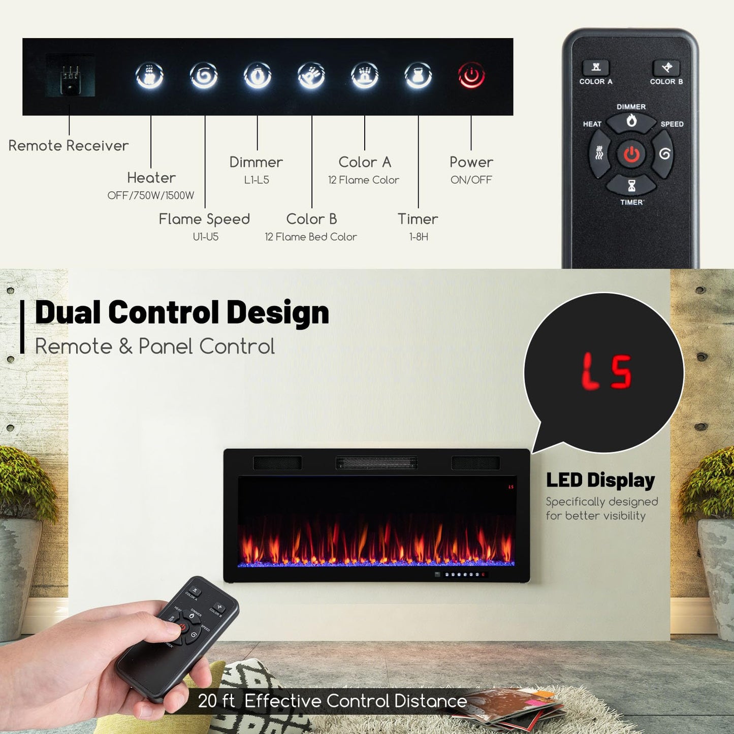 Tangkula 40 Inch Linear Electric Fireplace, Recessed & Wall-Mounted Fireplace Heater with Multi-Color Flame