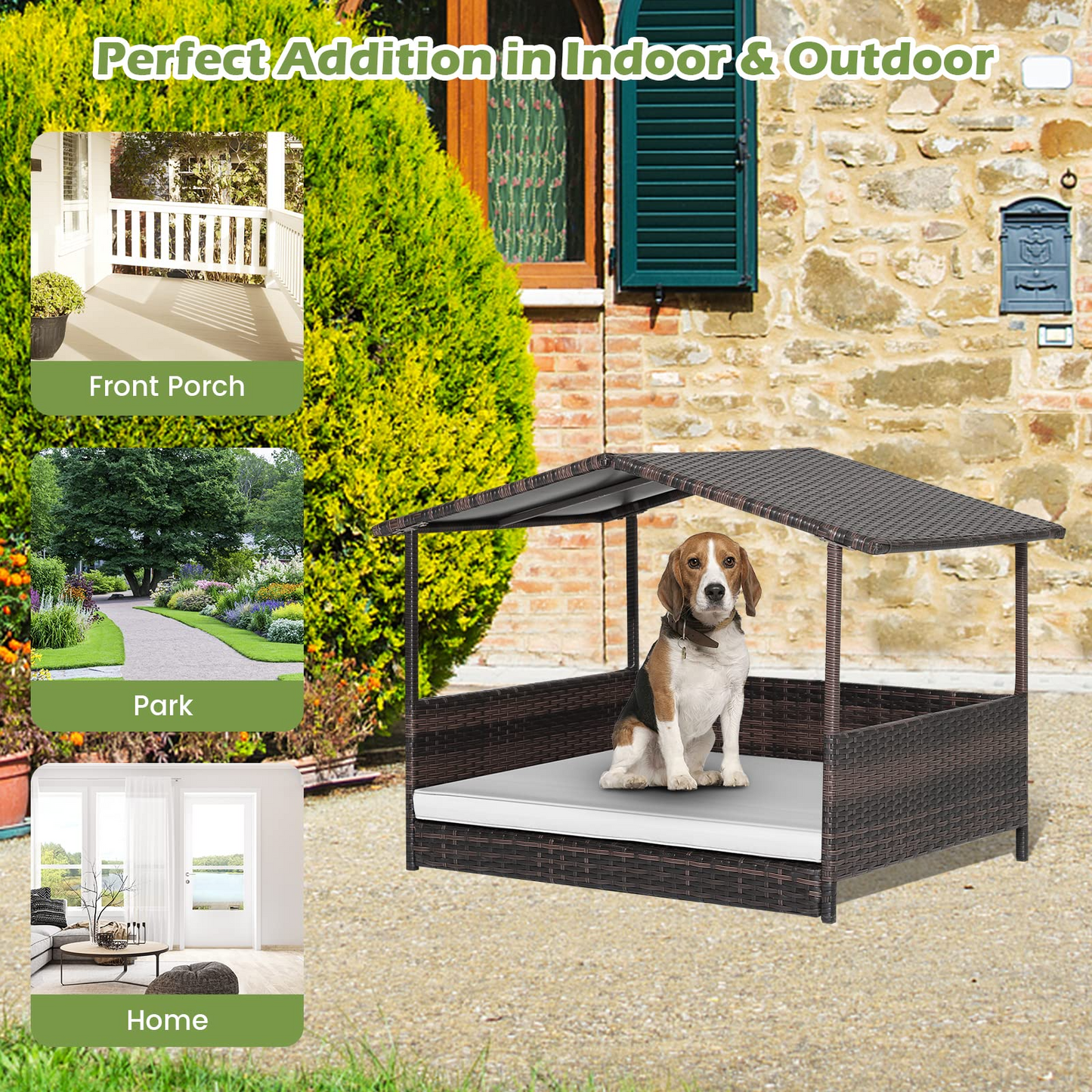 Tangkula Wicker Dog House, Indoor Outdoor Raised Rattan Dog Bed