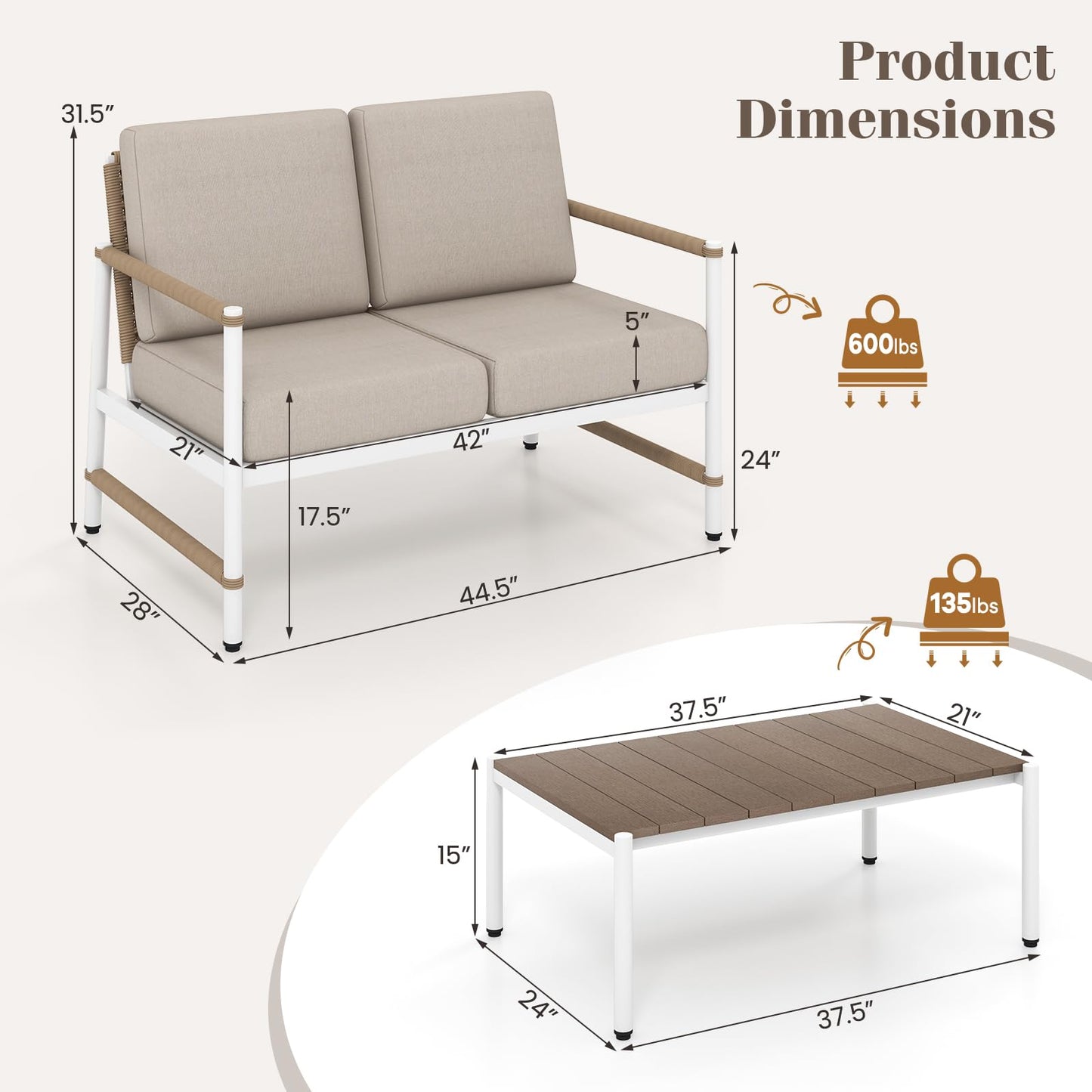 Tangkula 2 Piece Outdoor Loveseat Chair Set with Seat Back & Waist Pillows