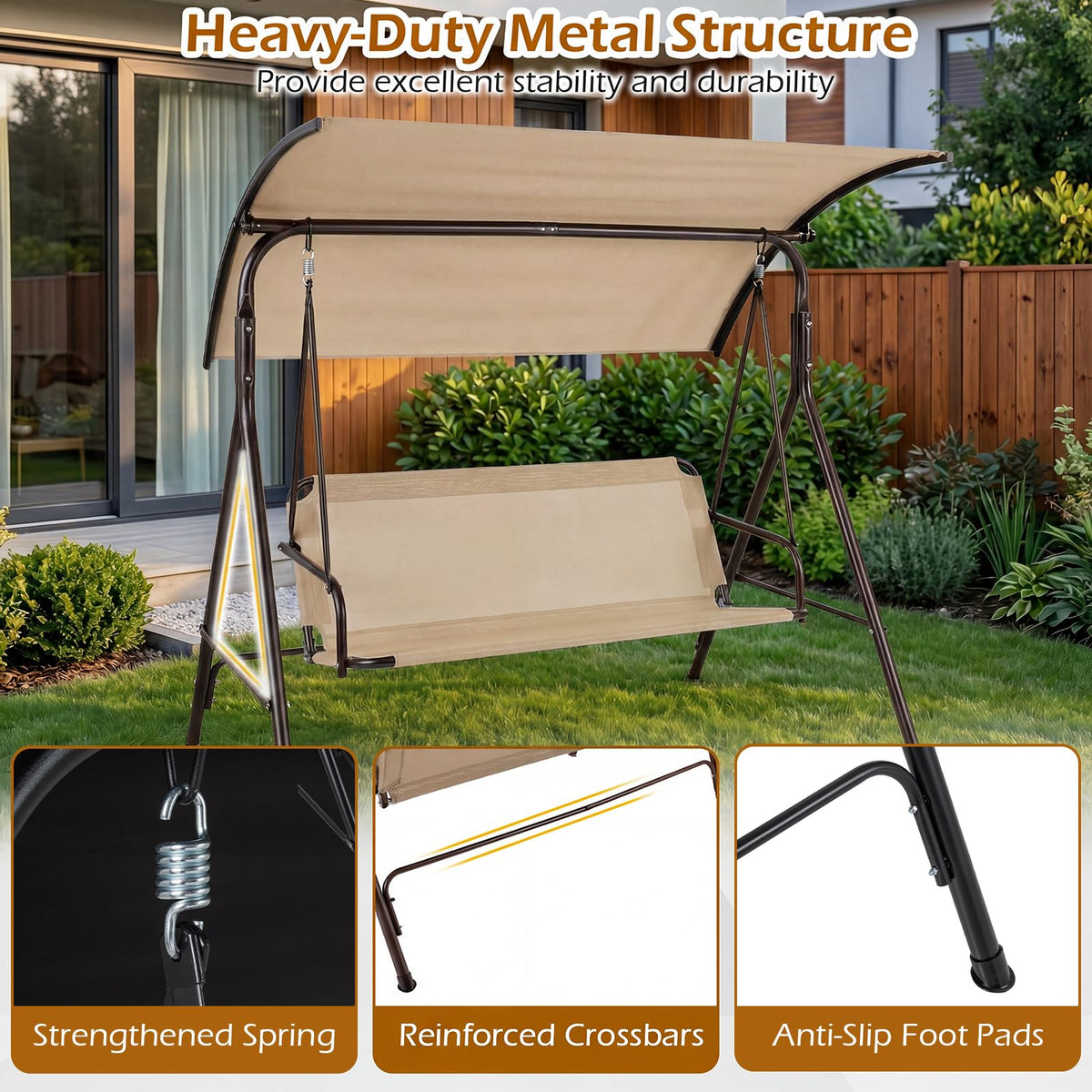 Tangkula 3 Seat Outdoor Patio Swing Chair with Breathable Mesh Fabrics