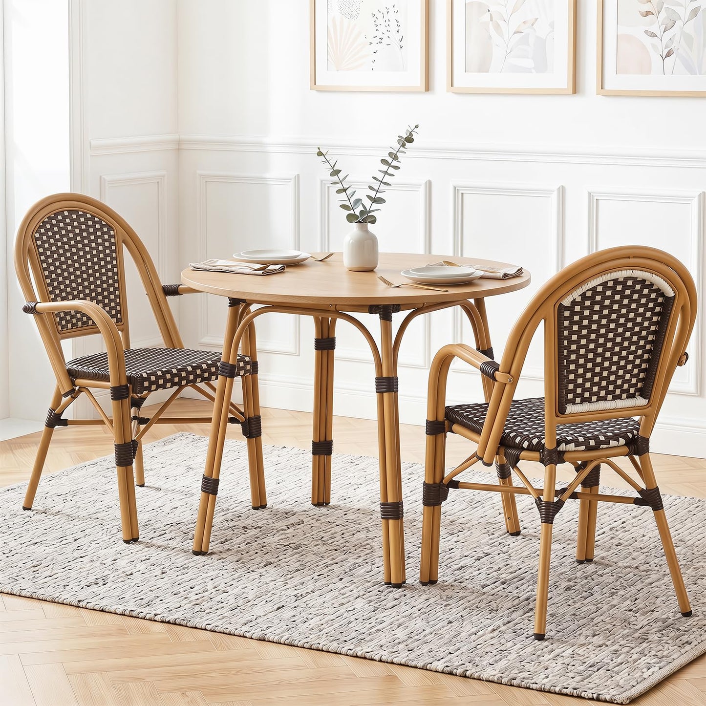 Tangkula Outdoor French Bistro Chairs Hand-Woven PE Wicker Patio Chairs(2/4)